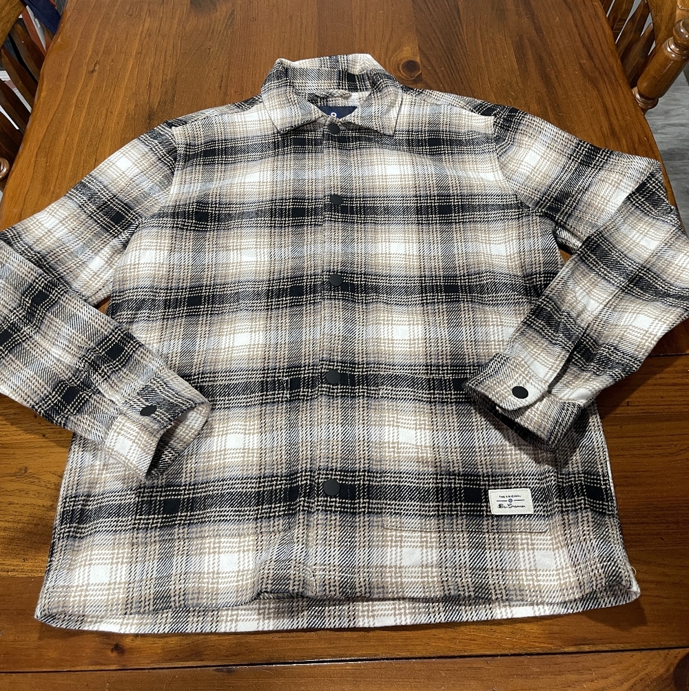 Ben Sherman Mens Black Brown Grey Cream Plaid Flannel‎ Button Up Long Sleeve Med